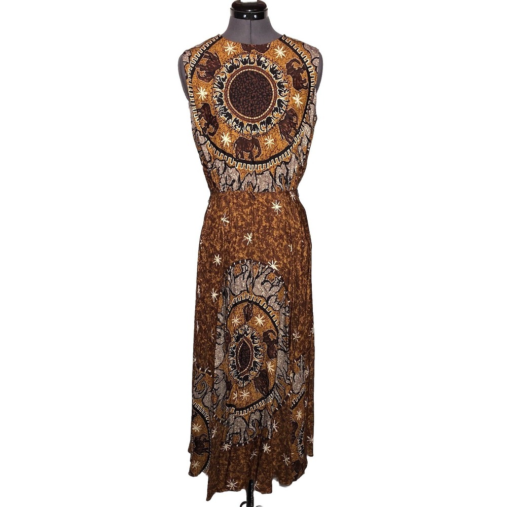 Vintage Boho Dress Animal Print Elephant Print Rayon‎ Midi Dress Brown  Safari M